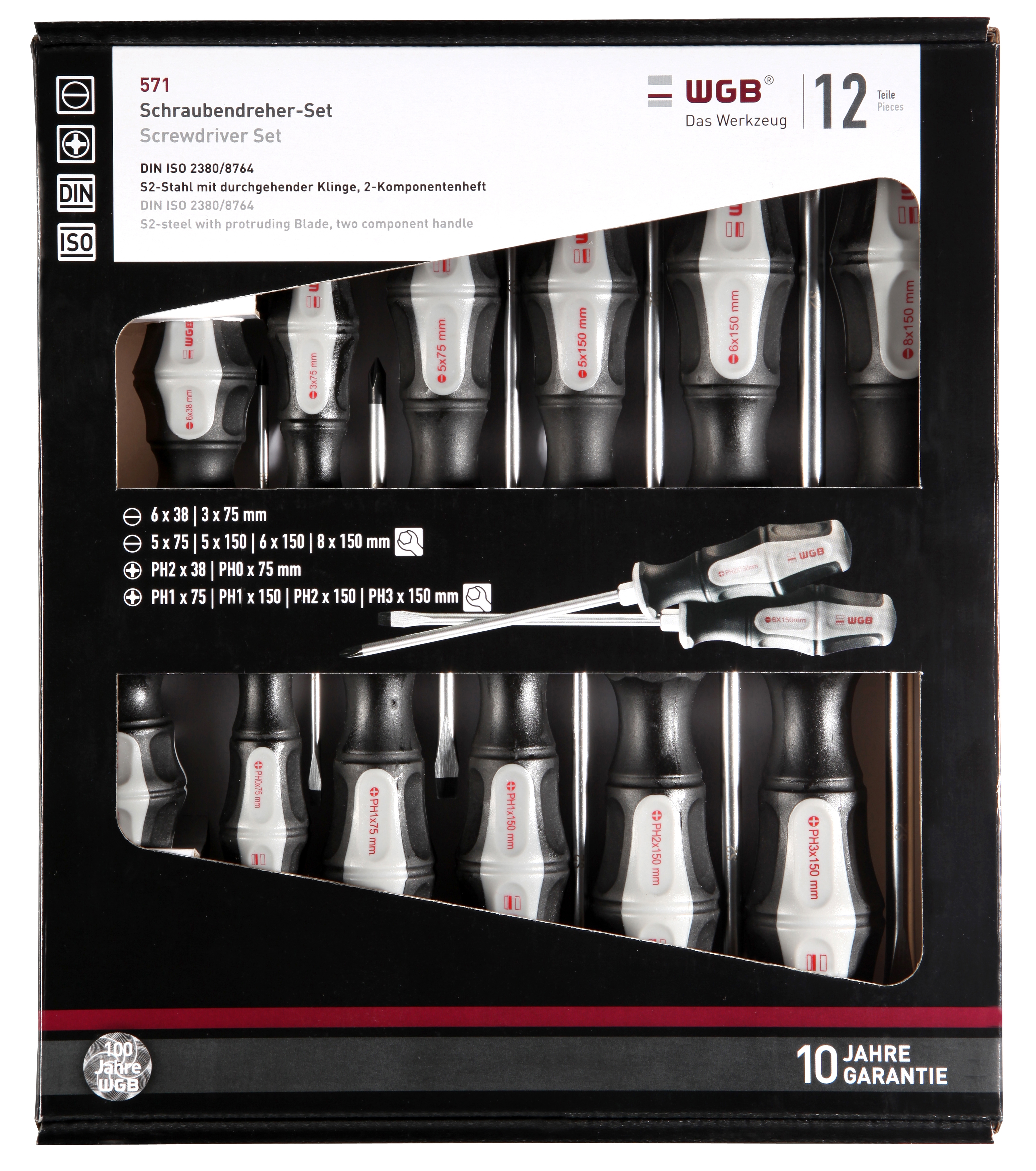 WGB Schraubendrehersatz 12-tlg # 571 mit Schlagplatte // Kreuz PH+ Schlitz