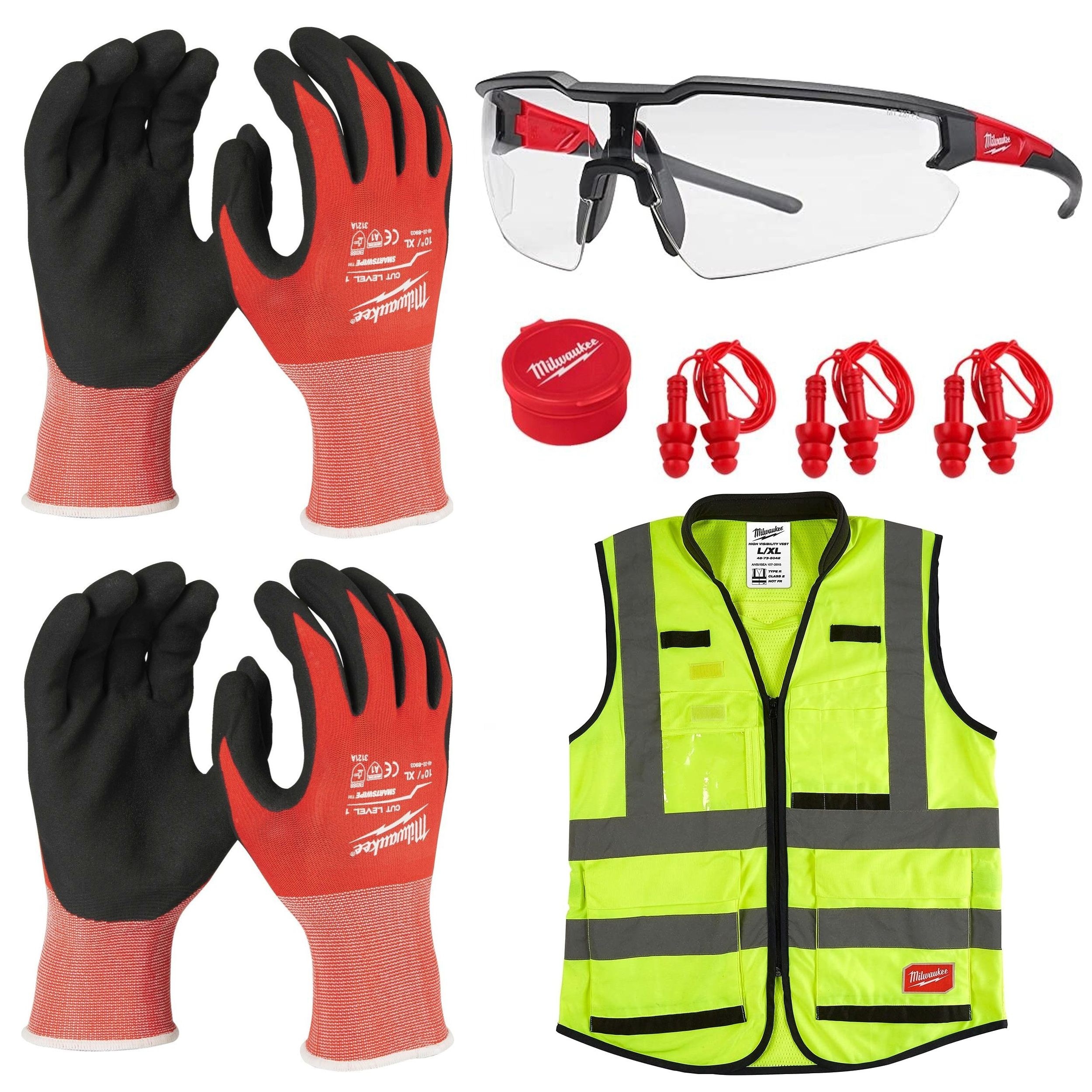 Milwaukee PSA-Set 7-tlg (Gehörschutz/Schutzbrille/Arbeitshandschuhe/Warnweste)
