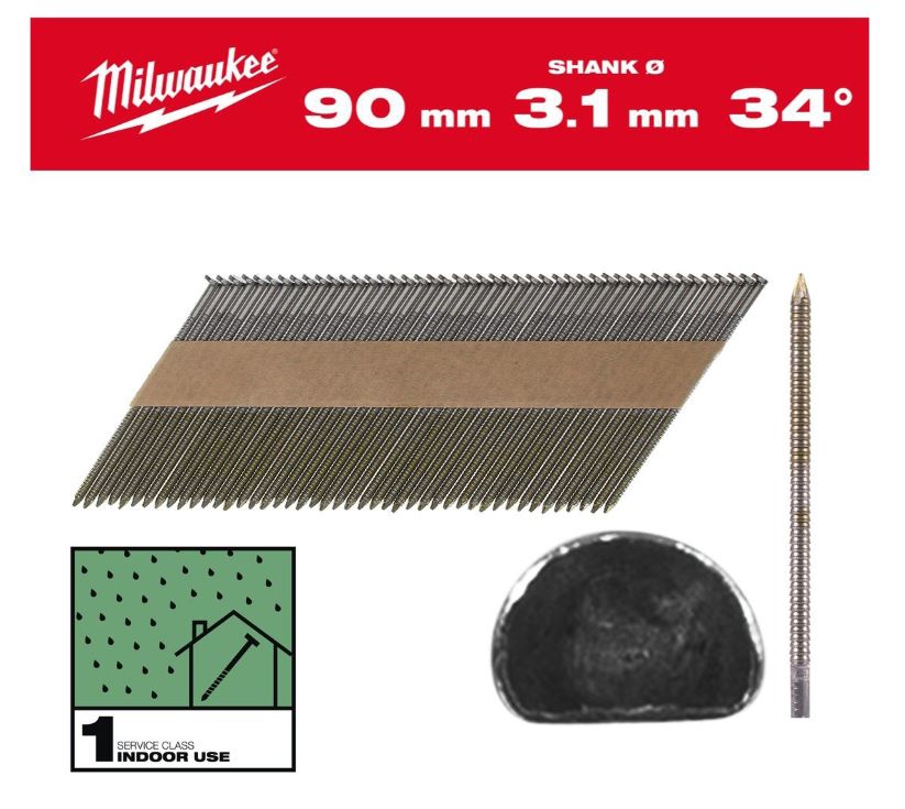 Milwaukee D-Kopf-Nägel 7,4x3,1x90mm Ring blank 34°(2200St)