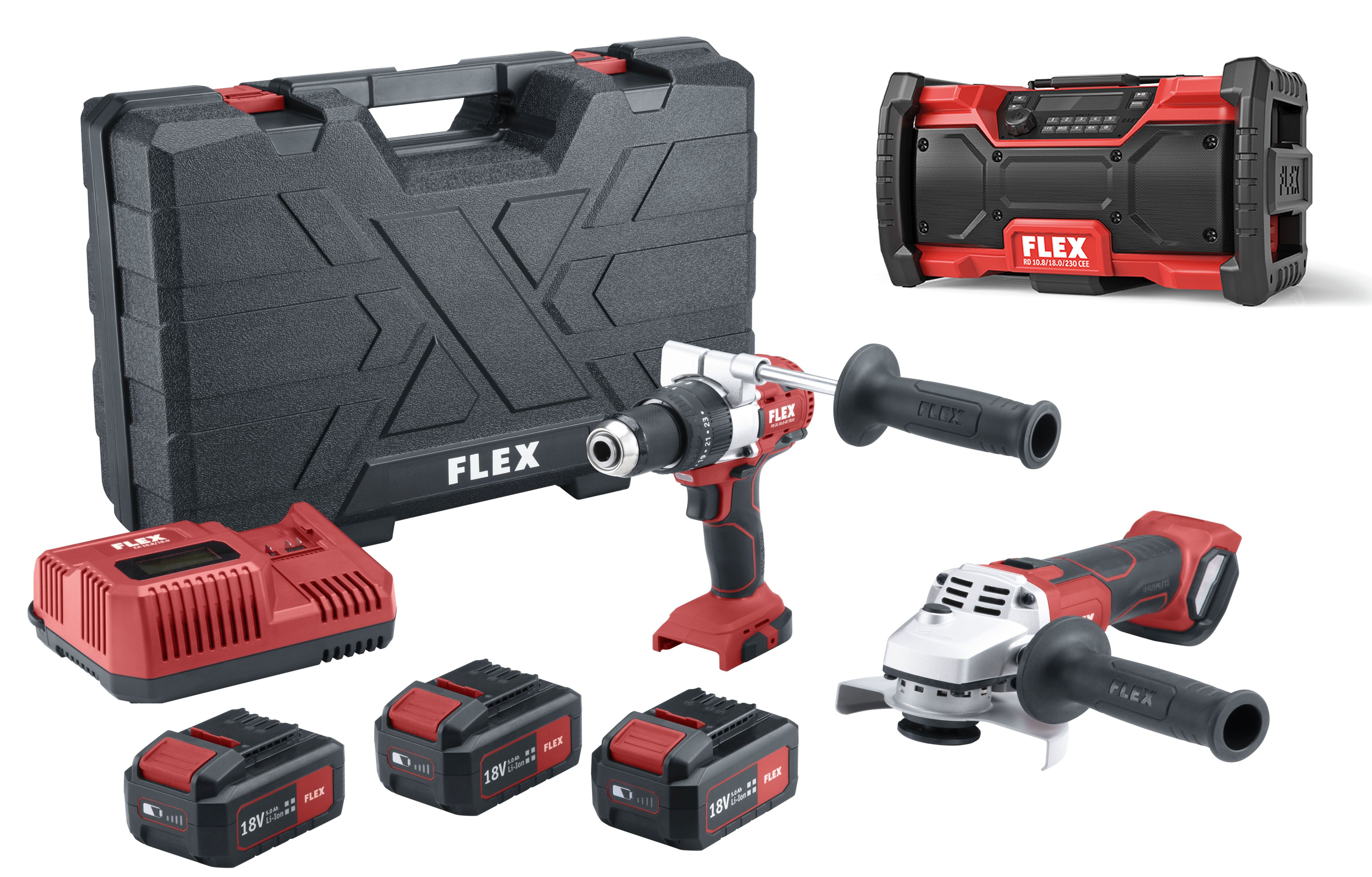 Flex 18V Superpack (Winkelschleifer L125,Schlagbohrer PD2G,Radio RD) 3xAkku 5Ah