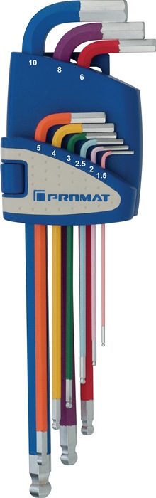 PROMAT Inbus-/ Winkelschraubendrehersatz 9-tlg 1,5-10mm lang Kugelkopf farbig