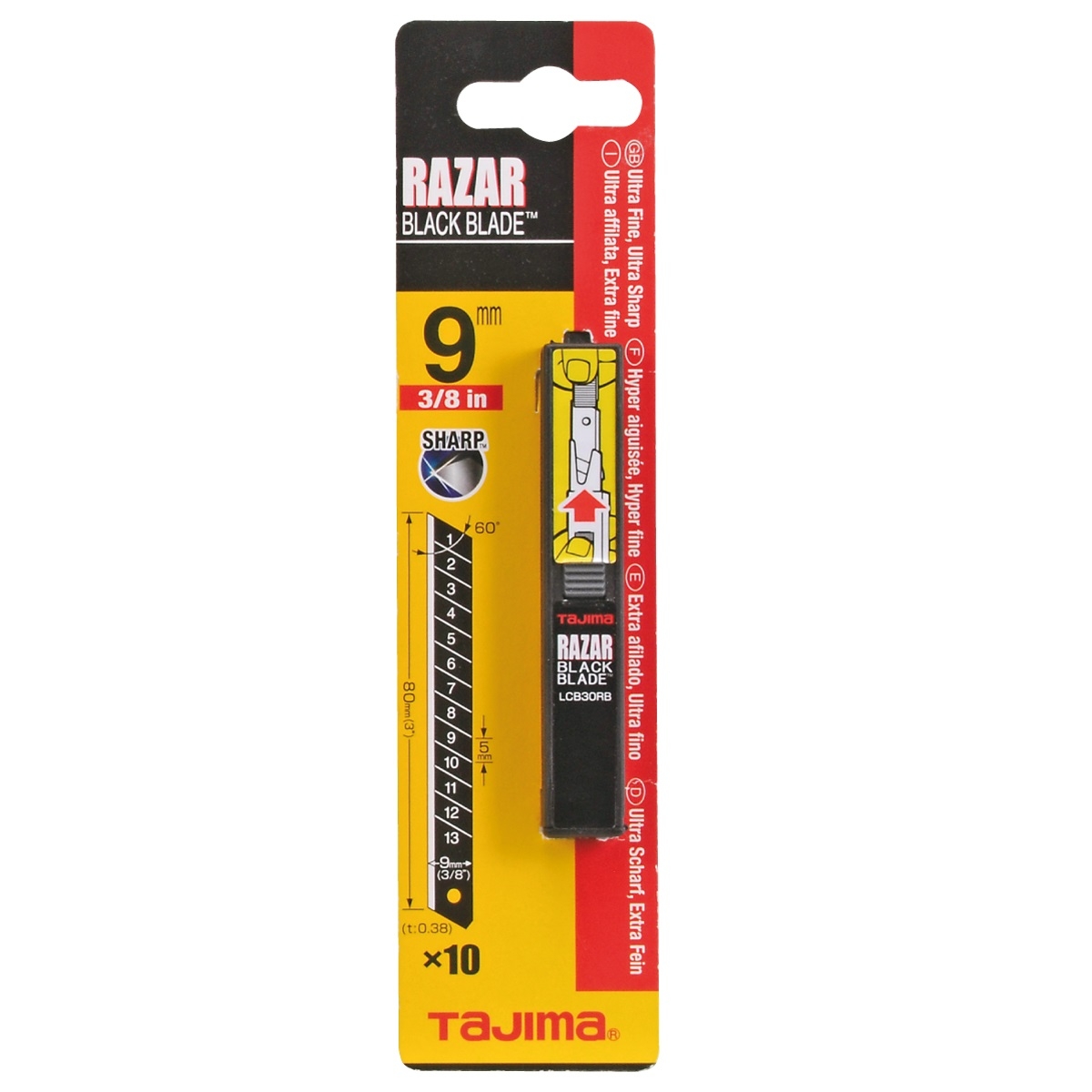 Tajima RAZAR BLACK CUTTERKLINGEN 9 mm Spender mit 10 Klingen SB-Karte